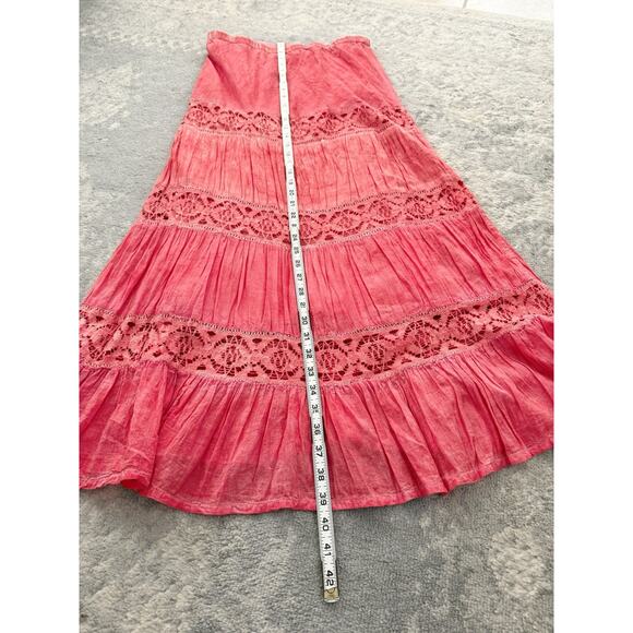Solitaire Tiered Maxi Skirt Coral Crochet Boho Peasant Cottagecore Hippie Large - Picture 5 of 7